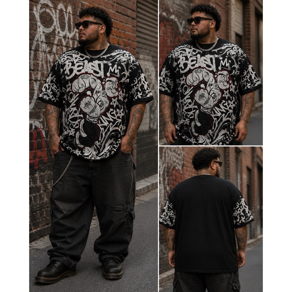 Popeye 4X Beast Graffiti Graphic T Shirt Oversized Streetwear Black Distressed